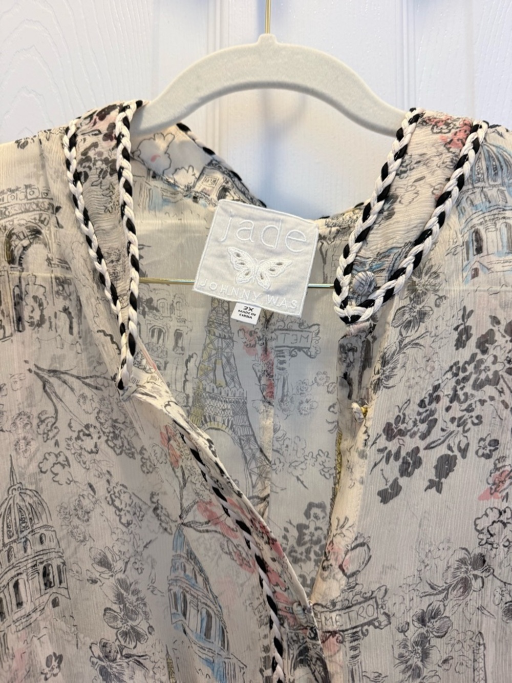 Johnny Was Sheer Cream Floral Sketch Button-Front Blouse - Picture 6 of 7